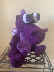 big arigurumi bug eyed purple huggable dragon, hand made stuffed crocheted animal, sleep buddy, toy, kid safe