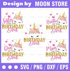 Unicorn Birthday Png, Unicorn Png, Family Bundle, Unicorn Face Flowers, Mommy Daddy of the Birthday girl Printable, Subl