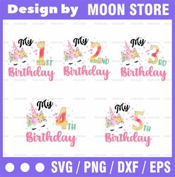 Unicorn Birthday Bundle Png, Unicorn birthday girl Png, Birthday Numbers With Unicorn Face Printable, 1st Birthday Subli