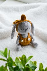 Little crochet bunny in overalls, cute gray bunny sleeping rabbit toy