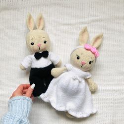 bunny bride rabbit groom in clothes newlyweds crochet wedding amigurumi toy gift for baby girl  bunny in dress and bow
