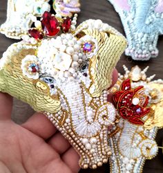 Elephant jewelry brooch beaded, golden elephant, elephant pin, red brooch