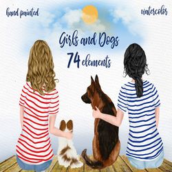 Best friends clipart: "DOGS CLIPART" Girl with dog Dog lover clipart dog mom clipart Pet clipart Watercolor girls Custom