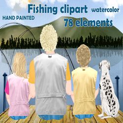 Fishing clipart: "FAMILY FISHING" Father's day clipart Dad and Kids fishing Dog Png Lake Landscape Father and son Custom