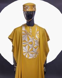 African Native Agbada for Men/ African Traditonal Agbada Gold With Matching Hat/Trendy African Clothing