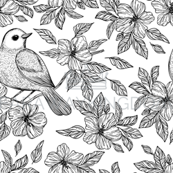 nightingale on branch seamless pattern vector illustration