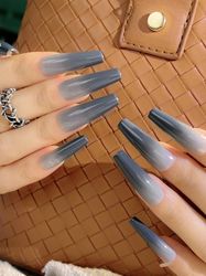 Ombre acrylic press on nails kit coffin gray long false nail tils