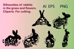 Silhouettes of rabbits in flowers and grass. Cliparts. For cutting.