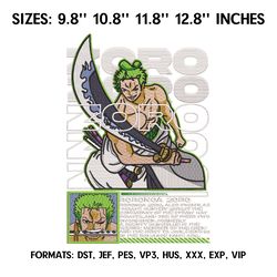 Zoro poster Embroidery Design File, One Piece Anime Embroidery Design, Machine Embroidery File. Zoro Roronoa pes Design