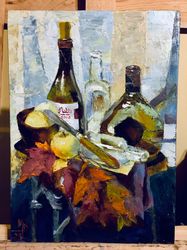 Autumn still life with bottles apples and leaves . Oil painting . Wall art. 10 bu 14 inch