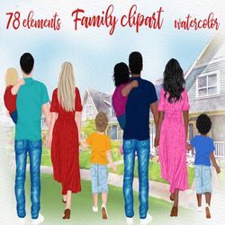 "Family clipart: ""PARENTS AND KIDS"" Family sitting Beach Landscape Dad Mom Children Watercolor people Siblings clipart
