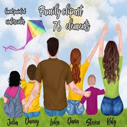 Family clipart: "PARENTS AND KIDS" Family sitting Beach Landscape Dad Mom Children Watercolor people Siblings clipart Fa