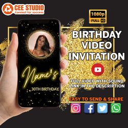 Editable Birthday Invitation, Template Black and Gold, Birthday invite for girls, Birthday party invitation, with photo