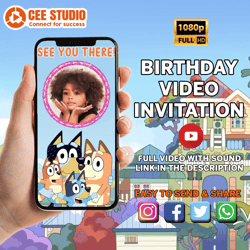 Bluey birthday Invitation, Bluey video invitation, bluey Bingo invitation, with free thank you tag, Video birthday