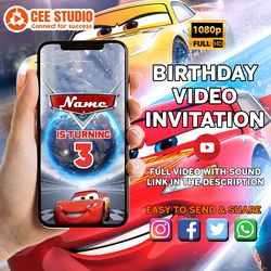 Cars Video Invitation, Cars Birthday Invitation, Cars Invitation, Lightning McQueen Invitation, Personalized, Cars