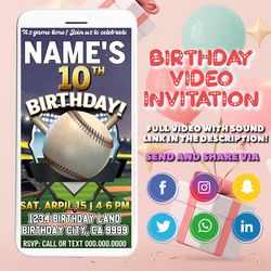 Baseball Birthday Party Video Invitation, all star video invite, mlb wiffle ball softball birthday video evite, sports