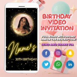Editable Birthday Invitation, Template Black and Gold, Birthday invite for girls, Birthday party invitation, with photo