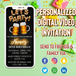 Digital Let's Party Beer Birthday Invitation, Electronic Beer E Invite, Men Birthday Video Invitation, Editable