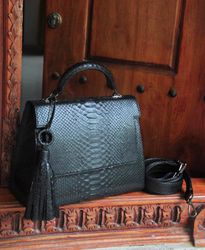 Top handle classy black classy elebant formal genuine python skin bag | exotic leather bags | snake skin bag