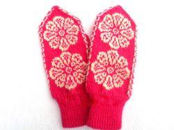 scandinavian mittens hand knitted women mittens with birds and flowers merino wool nordic mittens christmas gift for her