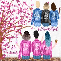 Best Friends Clipart: "JEANS JACKET GIRLS" Bff clipart Mug designs Customizable clipart Custom besties Sisters clipart B