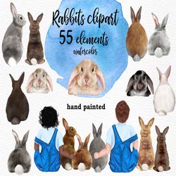 Watercolor bunny clipart: "RABBIT CLIPART" Kids with bunnies Fluffy pets Little animals Woodland animals Pet watercolor