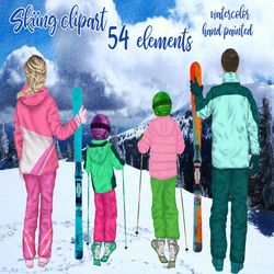 Family skiing clipart: "SKI CLIPART" Winter clipart Family outdoor Watercolor people Family People Siblings clipart Fami