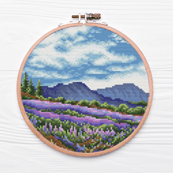 Landscape Cross Stitch PDF, Lavender Field Hoop Embroidery Art, Mountain Cross Stitch Pattern, Nature Cross Stitch