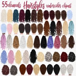 Hairstyles clipart: "GIRLS CLIPART" Custom hairstyles Long hair Girls hair clipart Bald Girl Hair Watercolor clipart Gre