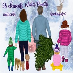 Christmas clipart: "FAMILY CLIPART" Winter family Winter landscape Christmas Cards Pine Tree Forest Parents and kids Mug