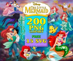 200 Little Mermaid Clipart Png, Ariel Png, Princess Bundle, Disney Cartoon Png, Ariel Embroidery