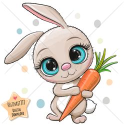 Cute Cartoon Rabbit PNG, clipart, Easter, Eggs, Sublimation Design, Adorable, Carrot, Print, clip art, Pink