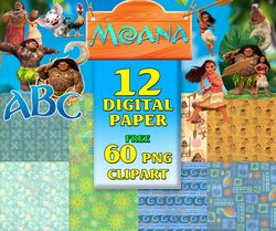 12 Moana Digital Paper, Moana Paper Pack, Moana Party Printable Moana Digital Scrapbooking Paper Png