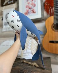 Whale big toy gift for newborn safe first toy handmade toy blue heart marine theme
