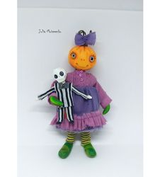 OOAK Pumpkin Girl and Skeleton Halloween dolls / miniature dollhouse artist made
