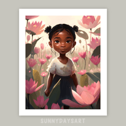 Cute black girl poster, black girl with lotuses, girl room decor, printable art, pink decor for children room, pink art