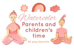 Watercolor parents and children's time Boho Mother Clipart,