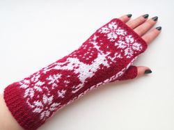 Women finger-less gloves with deer hand knit Norwegian finger-less mittens merino wool Christmas Gift for animal lovers
