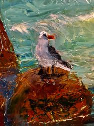 Seascape Seashore Seagulls Rocks Oil painting on board 8 by 12 inch