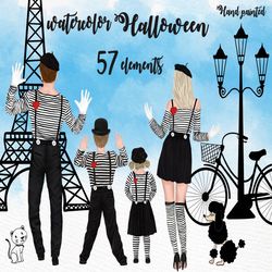 Halloween Family clipart: "PARIS CLIPART" Matching family outfits Dad Mom Children Watercolor people Parents clipart Cut