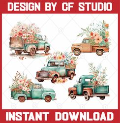 Vintage Truck Watercolor Clipart Bundle Png, Watercolor Truck Bundle Png, Instant download