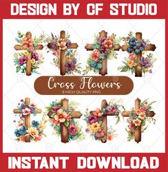 Cross Flowers Watercolor Png, Easter Cross Bundle Png, Watercolor Greenery Floral Cross Clip Art, First Communion Png