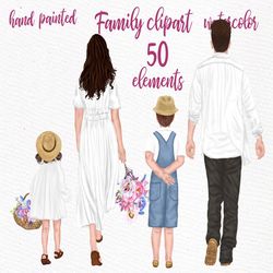 Family clipart: "FAMILY FIGURES CLIPART" Pink flowers Dad Mom Children Watercolor people Family People Siblings clipart