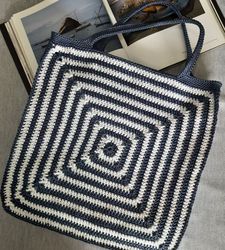 Blue & white large  handmade crochet summer beach bag Labyrinth