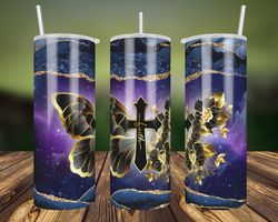 faith cross gold flower butterfly galaxy agate png sublimation designs, 20oz skinny tumbler, christian tumbler png
