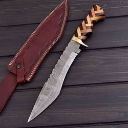 custom handmade damascus steel bowie hunting knife with leather sheath, hand forged knife, gift knife mk3565m