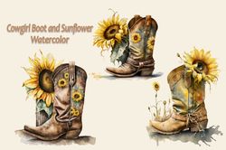 Cowgirl Boot And Sunflower Watercolor