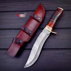 custom handmade damascus steel  hunting knife with leather sheath, hand forged hunting knife, gift hunting knife mk3582m