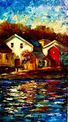 Landscape Sunny daus Bright houses by the river. Oil painting on board 9 by 14 inch
