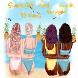 Summer girls clipart: "BEACH GIRLS CLIPART" Swimwear girl Pineapple clipart Beach time Beach backgrounds Best friend cli